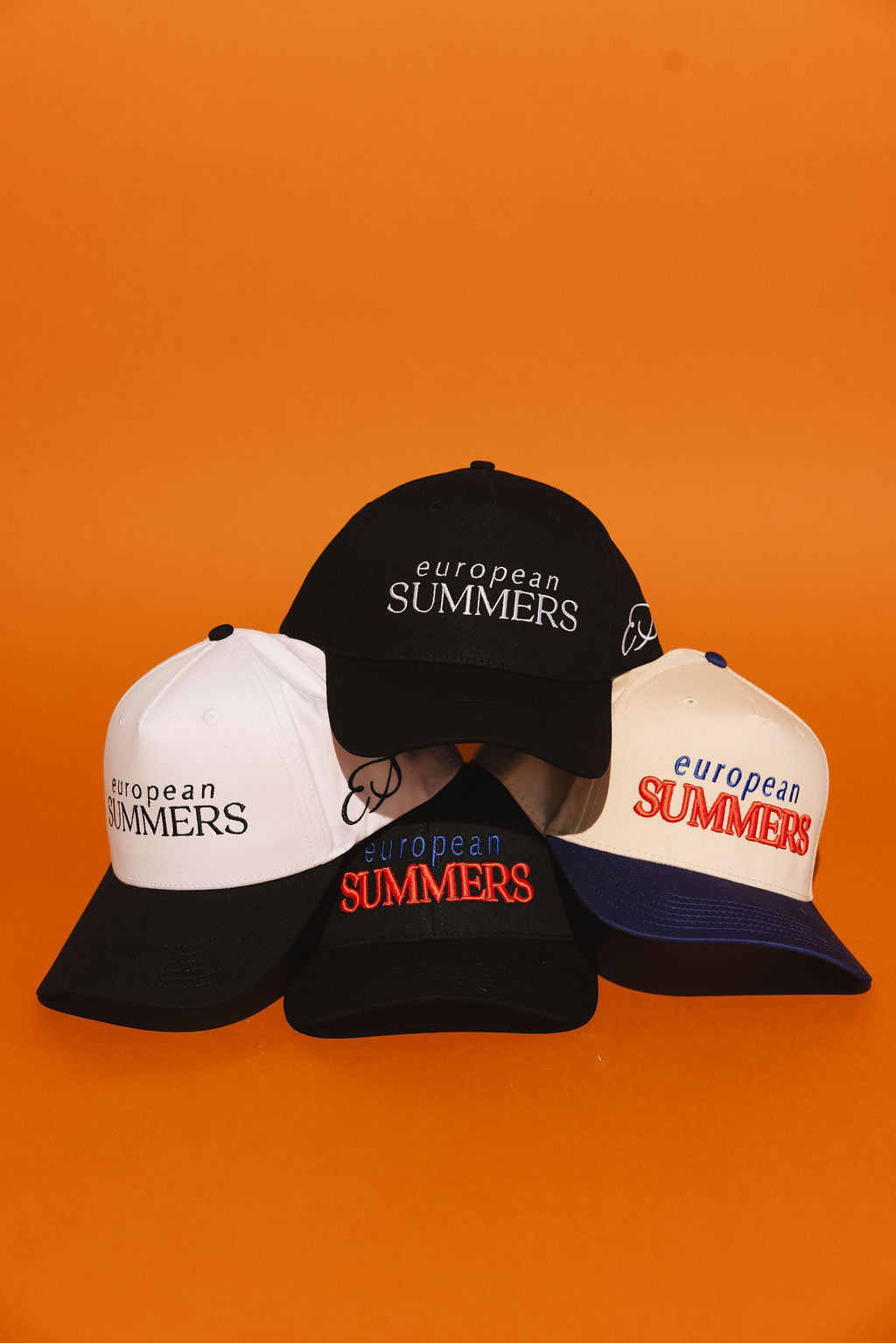 Three hats with 'European Summers' text on an orange background