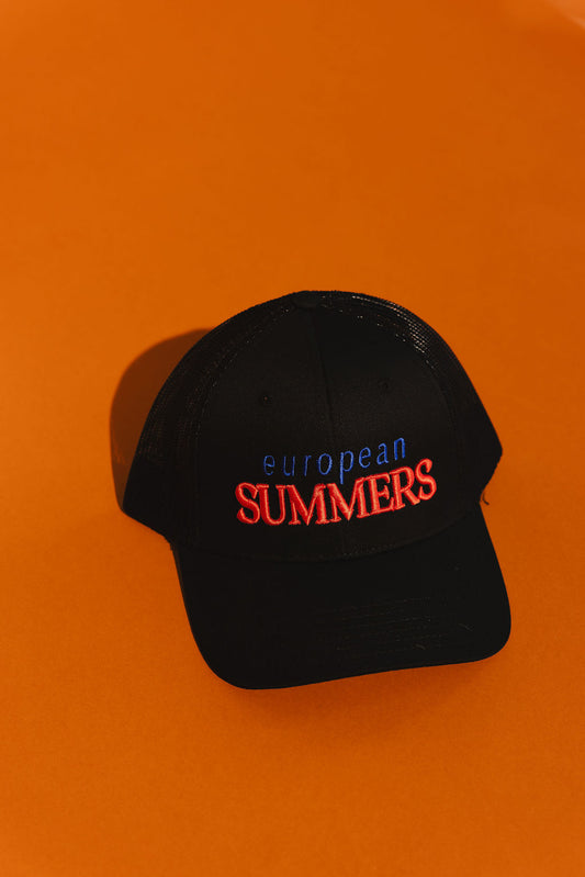 Black cap with 'European Summers' text on an orange background