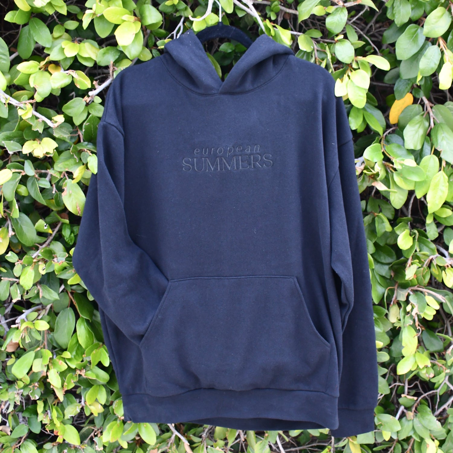 A black hoodie with the European Summers logo embroidered on the chest, displayed against a leafy background.
