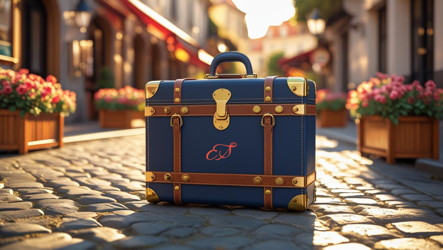 Blue suitcase with gold accents on a cobblestone street with flowers and buildings in the background